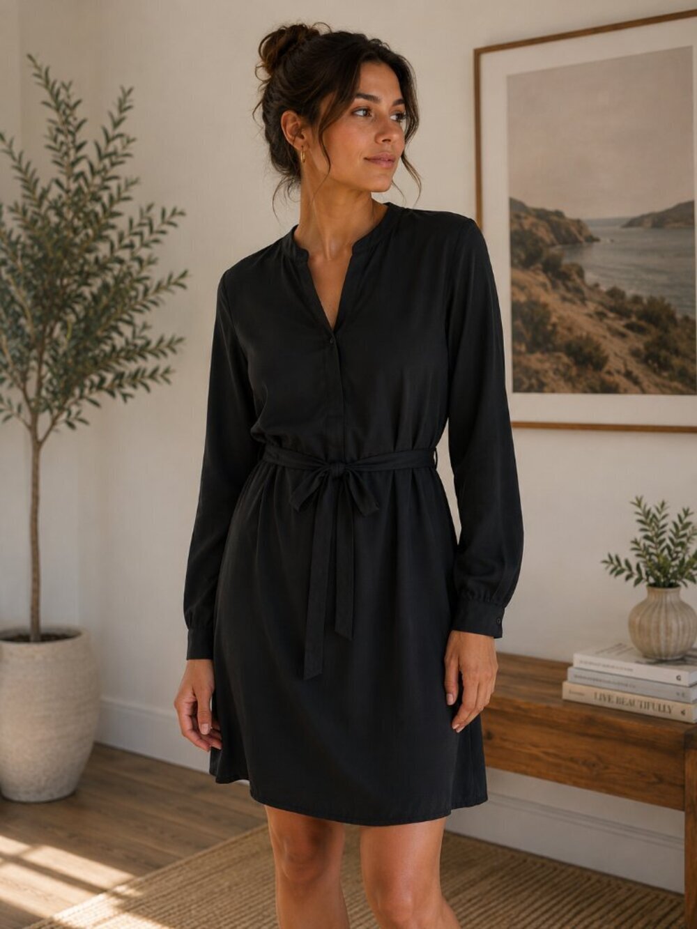FRANK & OAK Satin Long Sleeve Dress ~ black ~ Size Small